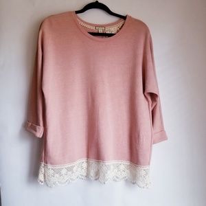 Eyeshadow Blush Pink Knit Split Back Lace Trim Top